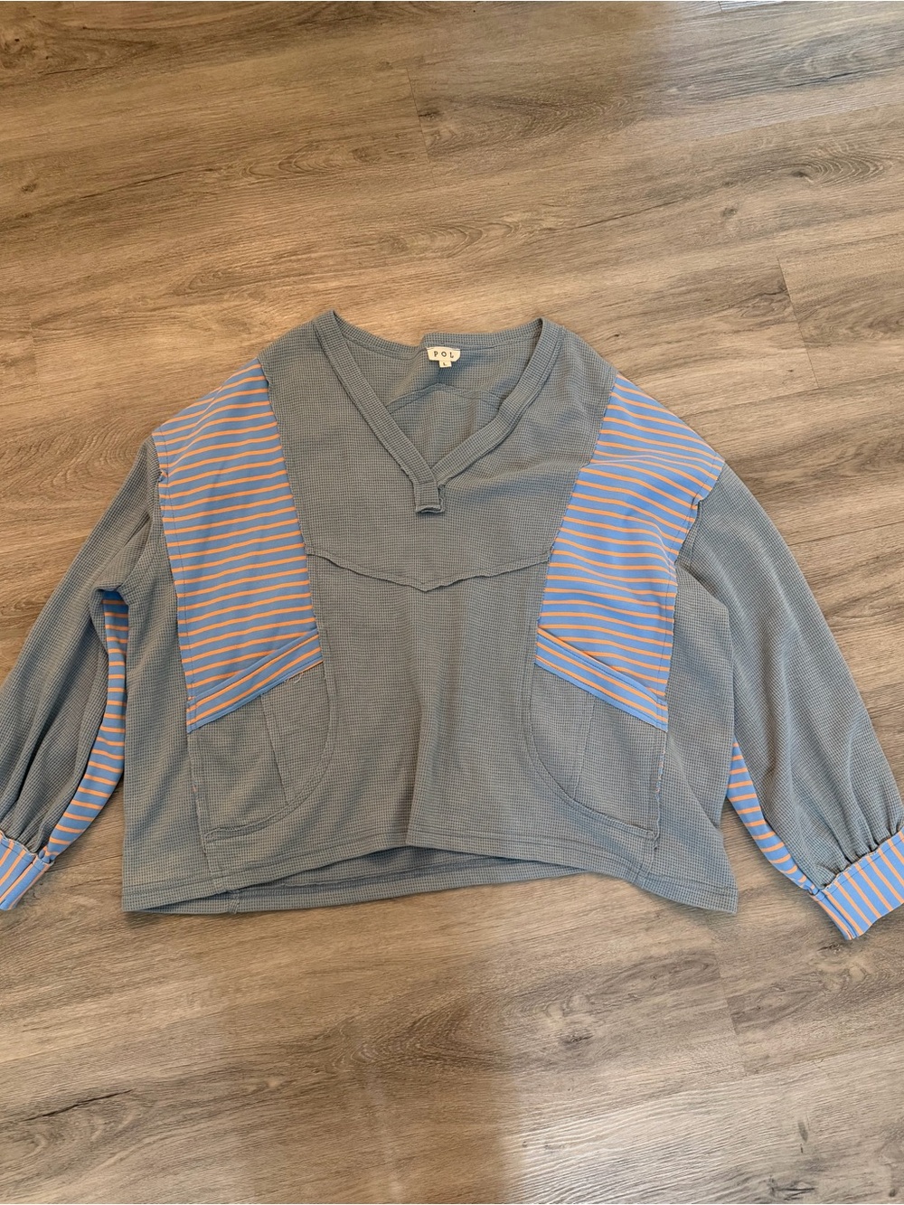 POL Blue Long Sleeve Top with Peach Stripe Accents